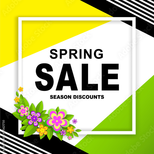 Spring sale season discounts banner with paper tag and flowers. Shop market poster design. Vector illustration.