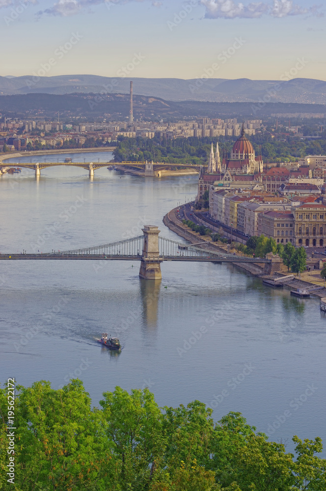 Budapest city view of Chain Bridge and the Parliament building. Hungary