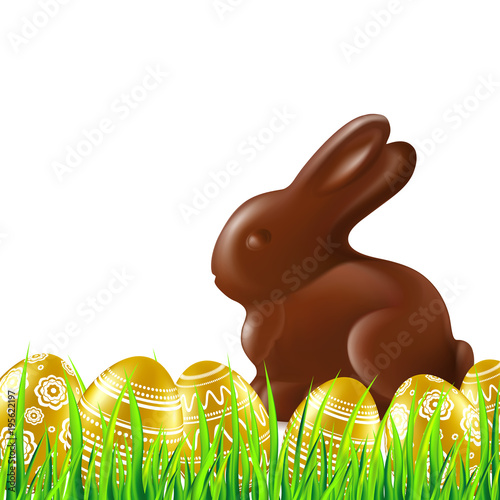 Easter background with gold eggs, grass and chocolate bunny. Vector illustration.