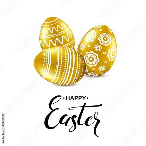 Happy easter card with handwritten calligraphy lettering and gold eggs pattern. Vector illustration.