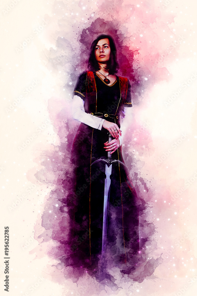 Obraz premium beautiful woman with sword in a historical clothing and Softly blurred watercolor background.
