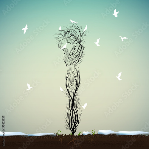 tree silhouette like a woman two white bird and many white pigeon fly to the tree, spring come concept, tree alive idea,