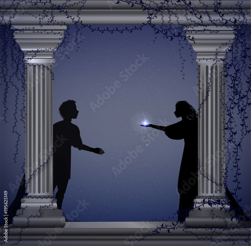 Shakespeare s play Romeo and Juliet at night, romantic date, silhouette, love story,