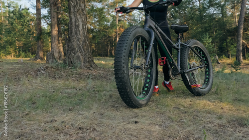 Fat bike also called fatbike or fat-tire bike in summer riding in the forest. The woman rides a bicycle among trees and stumps. He overcomes some obstacles on a bumpy road.