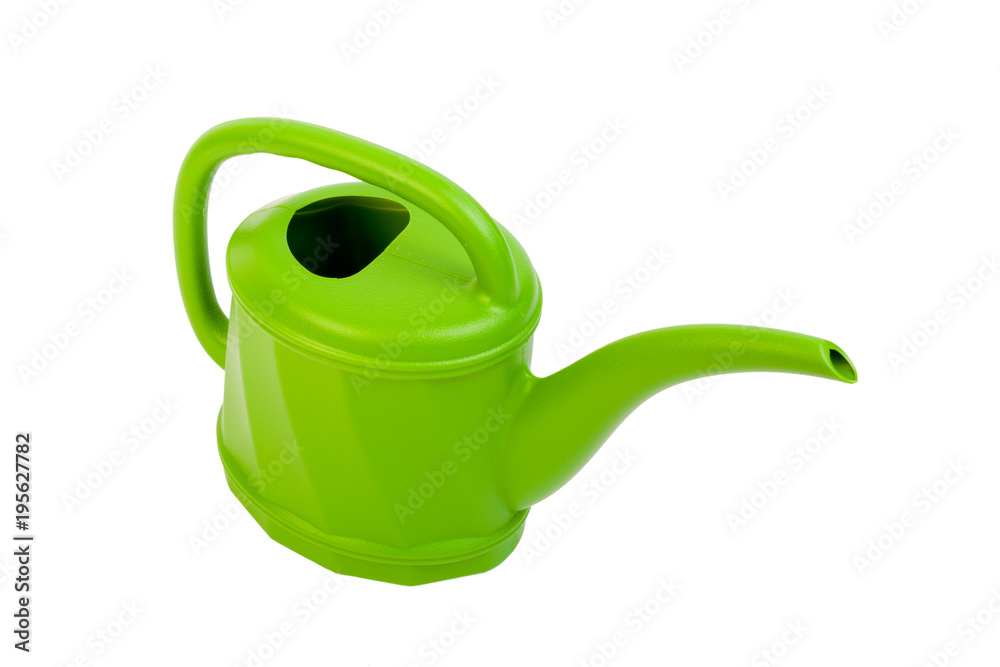 Plastic green watering can on white.