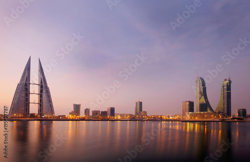 Bahrain skyline with two iconic building, the world trade center and financial harbout.