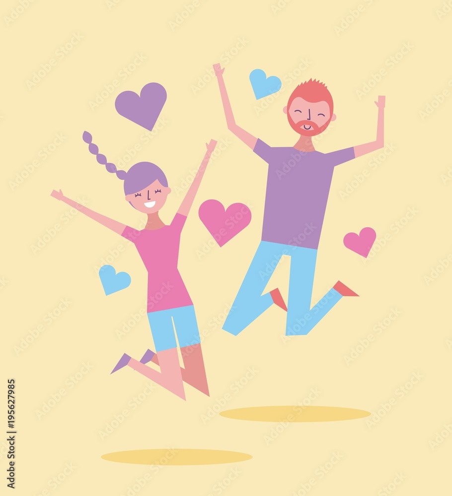 couple happy smiling jump enjoy cartoon heart decoration vector illustration