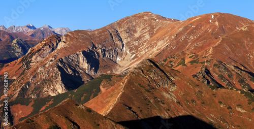 Poland, Tatra Mountains, Zakopane - Czerwone Wierchy, Malolaczniak, Krzesanica and Ciemniak peaks, Litworowa Pass with Western Tatra mountain range panorama in background