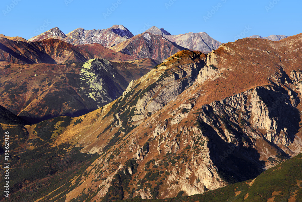 Poland, Tatra Mountains, Zakopane - Ciemniak, Stoly and Rozpadla Gran peaks, Tomanowa Pass, Tomanowa Liptowska Valley with Czerwone Wierchy peaks Western Tatra mountain range panorama in background
