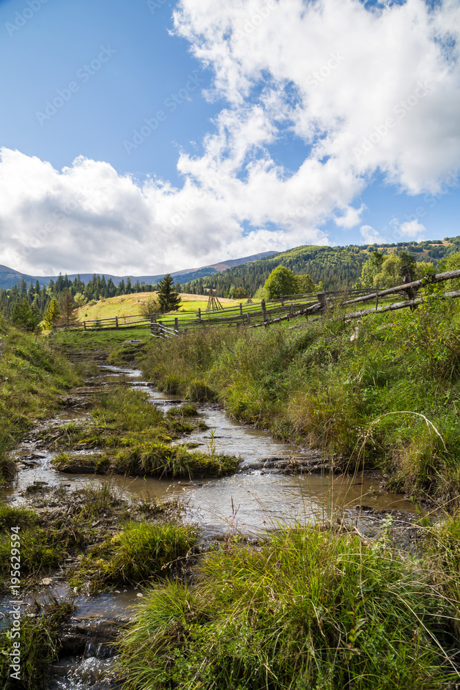Fototapeta premium forest mountains village fence stream