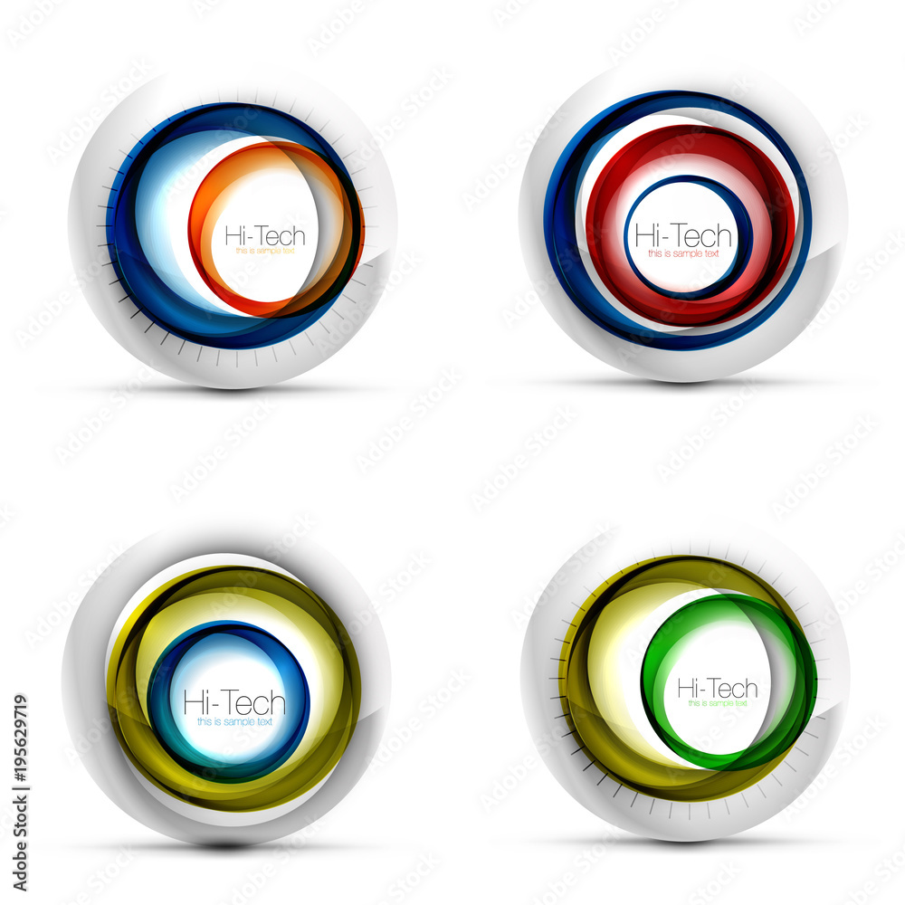 Set of digital techno spheres - web banners, buttons or icons with text. Glossy swirl color abstract circle design, hi-tech futuristic symbols with color rings and grey metallic element Set of digital techno spheres - web banners, buttons or icons with text. Glossy swirl color abstract circle design, hi-tech futuristic symbols with color rings and grey metallic element