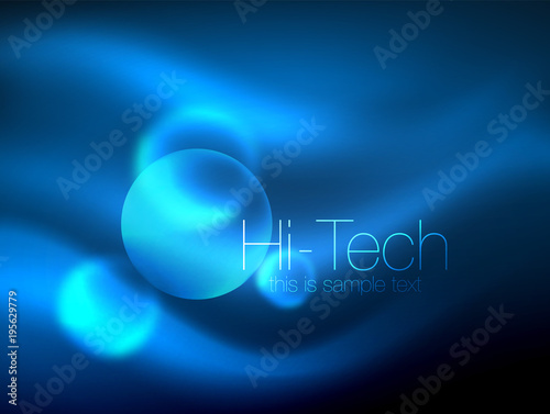 Blurred blue neon glowing circles, hi-tech modern bubble template, techno glowing glass round shapes or spheres. Geometric abstract background