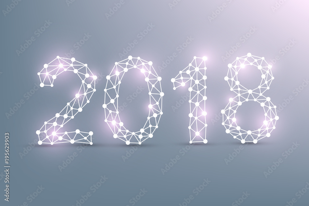 Text design Christmas and Happy new year 2018. Graphic background communication. Connected lines with dots. Design element for presentations, postcards, flyers, leaflets and posters, illustration. Text design Christmas and Happy new year 2018. Graphic background communication. Connected lines with dots. Design element for presentations, postcards, flyers, leaflets and posters, illustration.