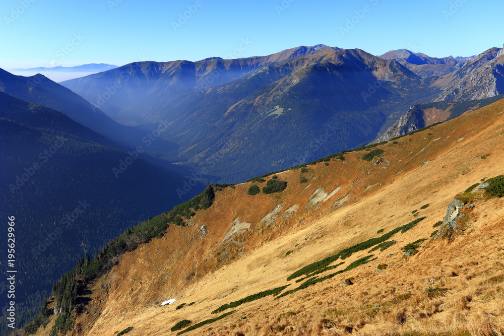Poland, Tatra Mountains, Zakopane - Cicha Liptowska and Jaworowa Valleys with Western Tatra mountain range panorama in background