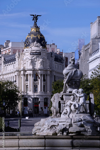 View of the Cibeles fountain and the metropolis building in Madrid, Spain