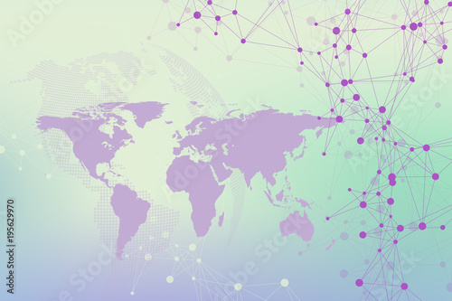 World map with global technology networking concept. Digital data visualization. Lines plexus. Big Data background communication. Scientific illustration.