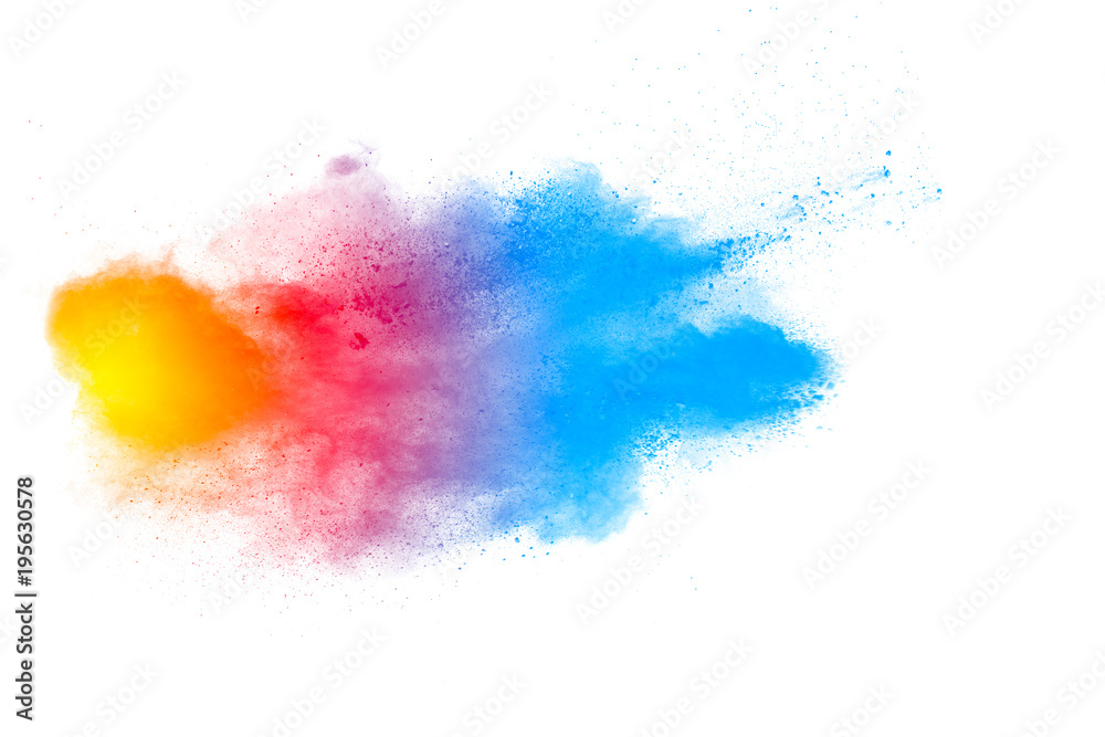 Multicolored powder explosion isolated on white background. Colored dust splash cloud  on white background. Launched colorful particles on background.