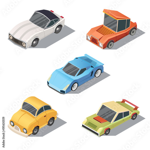 Vector set of isometric urban transportation. Private cars with shadows isolated on white background. Sedan, sport, retro, hatchback automobiles in cartoon style. Collection of city vehicles.