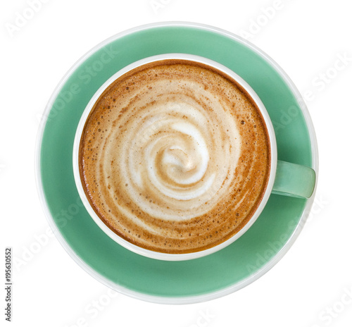 Top view of hot coffee cappuccino latte art spiral foam in jade color cup isolated on white background, clipping path included