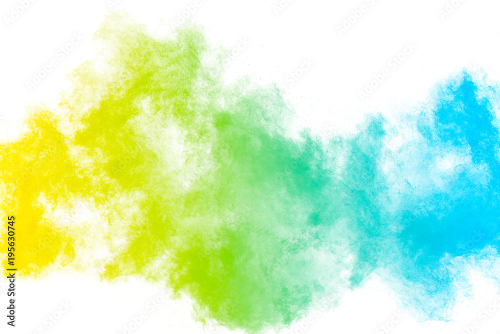 The explosion of color powder. Beautiful powder fly away. The cloud of glowing color powder on white background The explosion of color powder. Beautiful powder fly away. The cloud of glowing color powder on white background