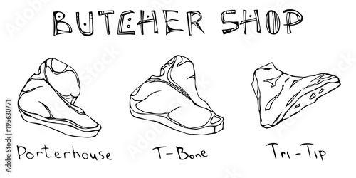 Most Popular Steak Types Set. Beef Cuts. Top Meat Guide for Butcher Shop or Steak House Restaurant Menu. Hand Drawn Illustration. Savoyar Doodle Style. Porterhouse, T-bone, Tri-Tip.