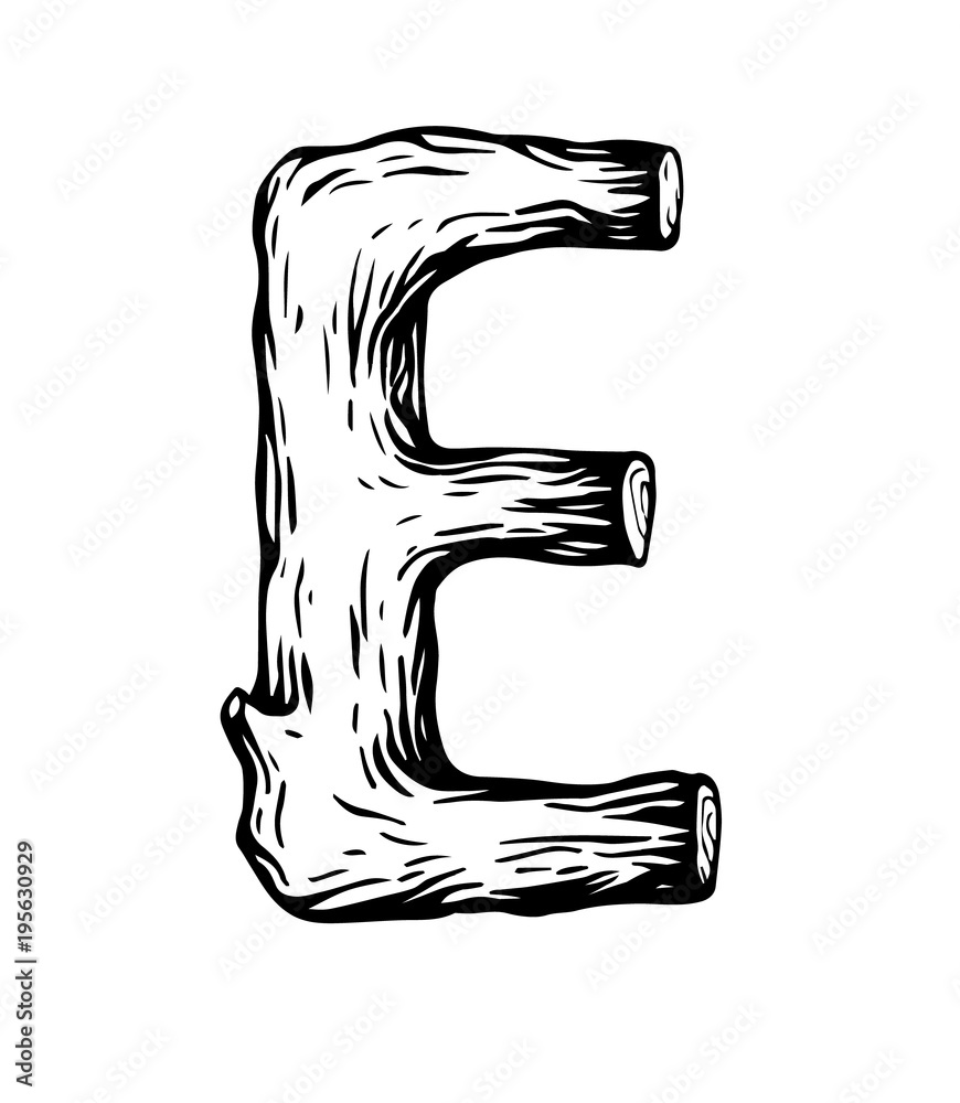 Black engraving Letter E made of wood with leaves on the white background