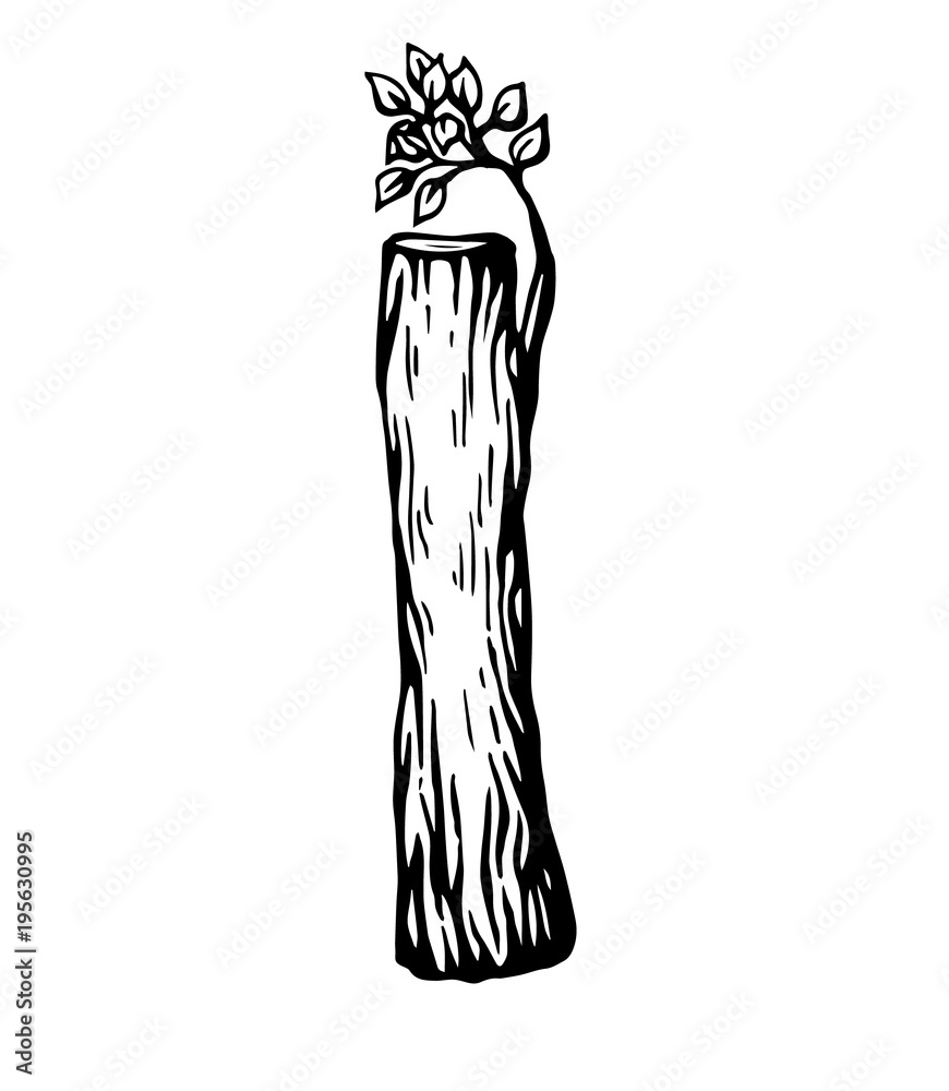 Black engraving Letter I made of wood with leaves on the white background