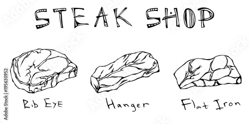 Most Popular Steak Types Set. Beef Cuts. Top Meat Guide for Butcher Shop or Steak House Restaurant Menu. Hand Drawn Vector Illustration. Savoyar Doodle Style. Rib Eye, Hanger, Flat Iron.