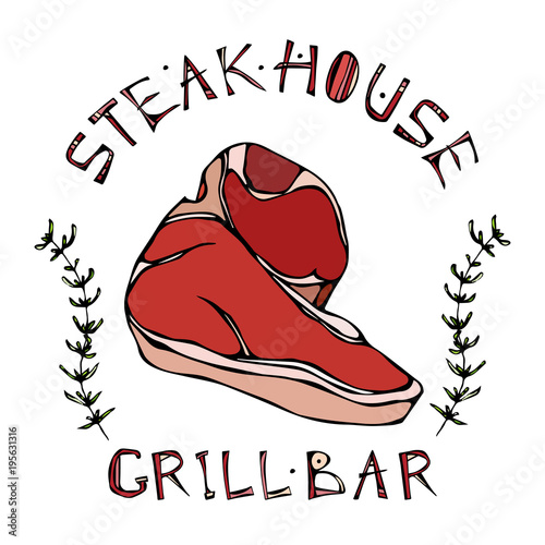 Porterhouse Steak Beef Cut with Lettering in s Thyme Herb Frame. Meat Logo for Butcher Shop, Steak House or Grill Bar Menu. Hand Drawn Illustration. Savoyar Doodle Style.