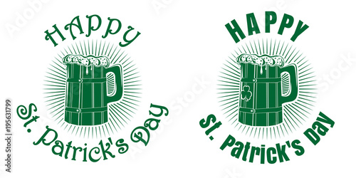 Wooden mug of beer for St. Patrick's Day. Logo design set for St. Patricks Day. Vector illustration