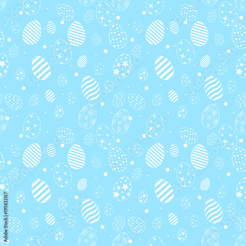 Vector simple flat pattern with ornamental eggs. Easter holiday blue background for printing on fabric, paper or wallpapers.