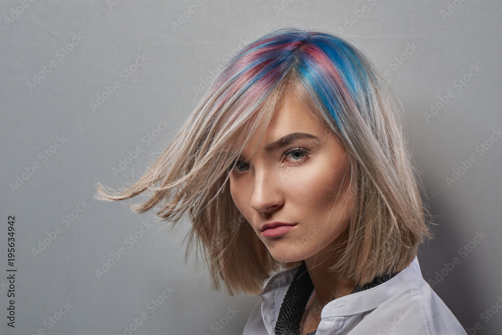 Portrait of young woman with trend dyed hair, professional hair coloring - obrazy, fototapety, plakaty 