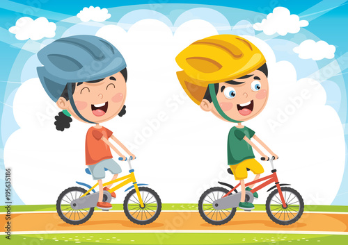 Vector Illustration Of Kids Cycling