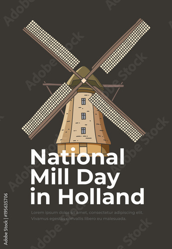 National mill day in Holland. Symbol of Netherlands. Hand drawn windmill on black background. Can be used for postcards and tourist booklets. Vector illustration.