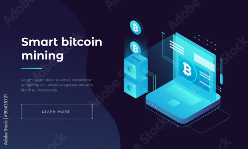 Cryptocurrency and blockchain. Bitcoin mining farm. Creating digital currency. Concept for landing page, web design, banner and presentation. 3d isometric flat design. Vector illustration.