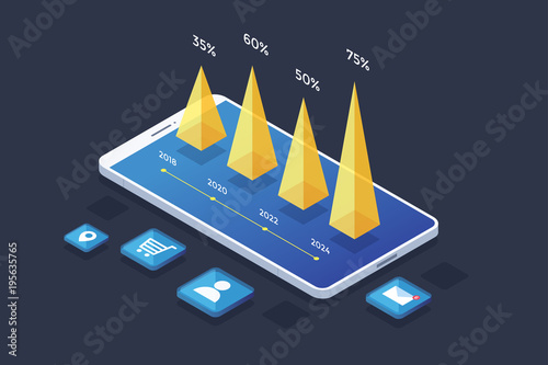 Concept business strategy. Project planning, sales and financial report. Success in business. Smartphone with icons and growth chart. 3d isometric flat design. Colorful infographic vector element.