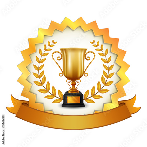 thropy with gold label and gold ribbon vector illustration