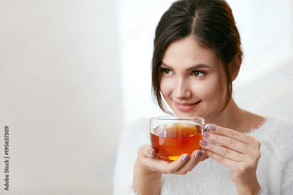 Drink. Beautiful Woman Drinking Tea From Cup Drink. Beautiful Woman Drinking Tea From Cup