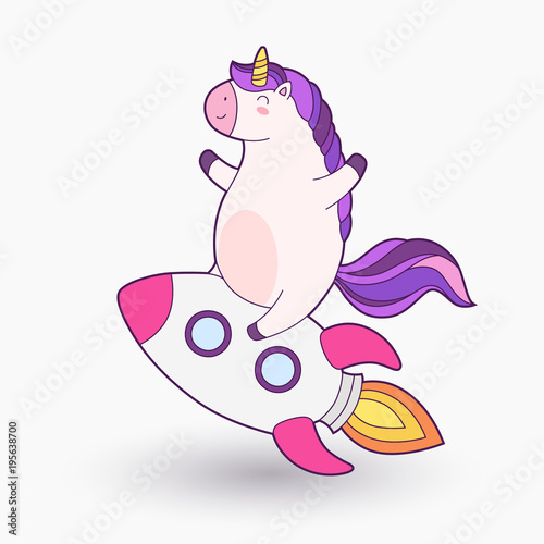 Cute cartoon unicorn. Vector illustration. Merry unicorn smiles on the rocket © yepifanovahelen
