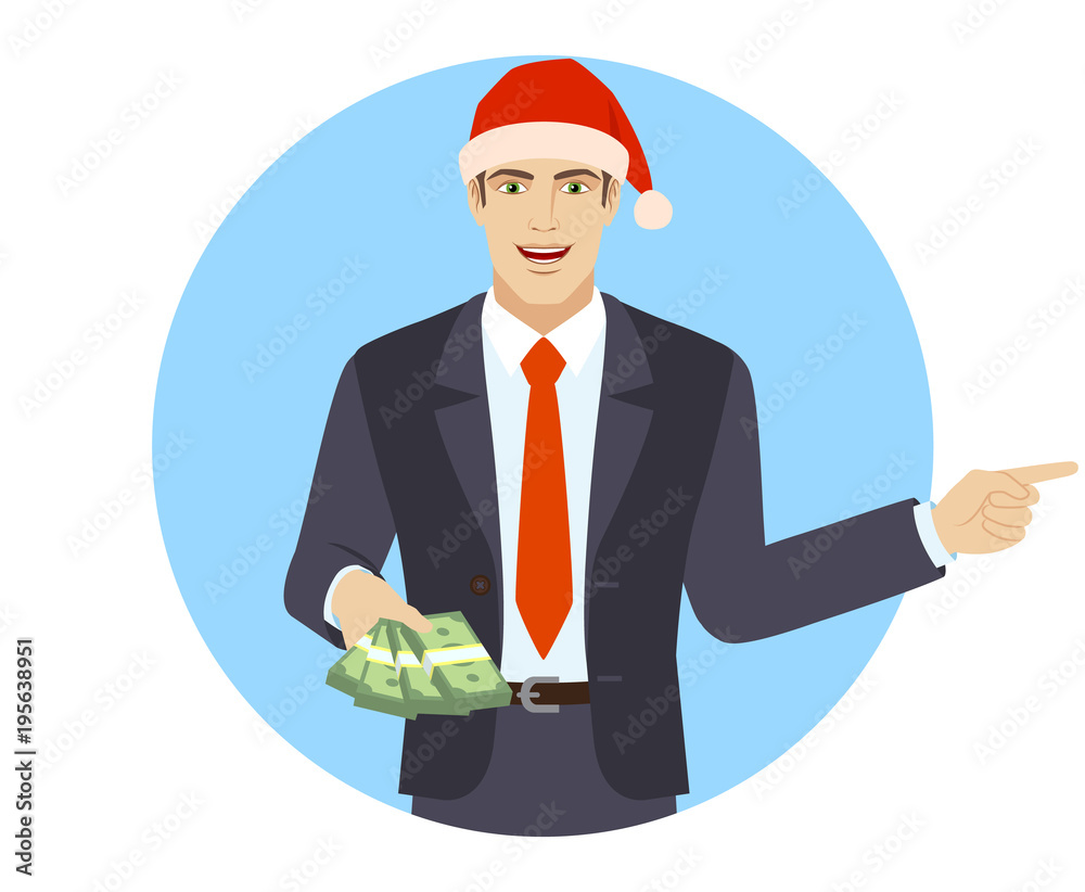 Businessman in Santa hat with money showing somewhere Businessman in Santa hat with money showing somewhere