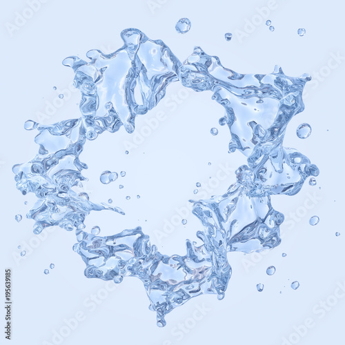 Fresh pure blue water splash. Clean transparent water, liquid fluid wave in translucent splashes form isolated on blue background. Healthy drink splash advertising design element. 3D illustration
