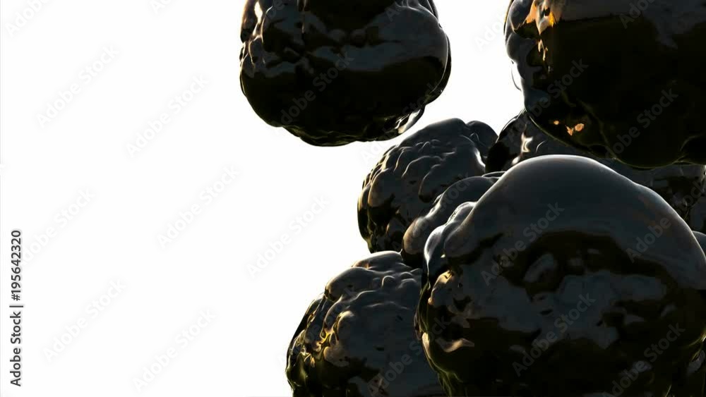 Abstract balck liquid texture animation with gold reflection on white background. Looping.