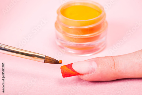 Manicure in beauty salon. SPA procedure  macro shot. Finger close up.  