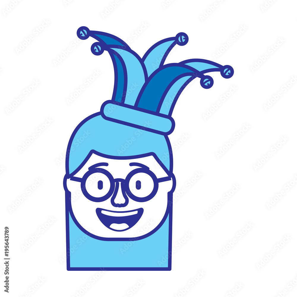laughing face woman with crazy glasses and jester hat enjoy vector illustration gradient color image blue image