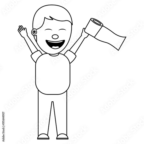 man smiling with toilet paper in his hand for a joke vector illustration thin line image