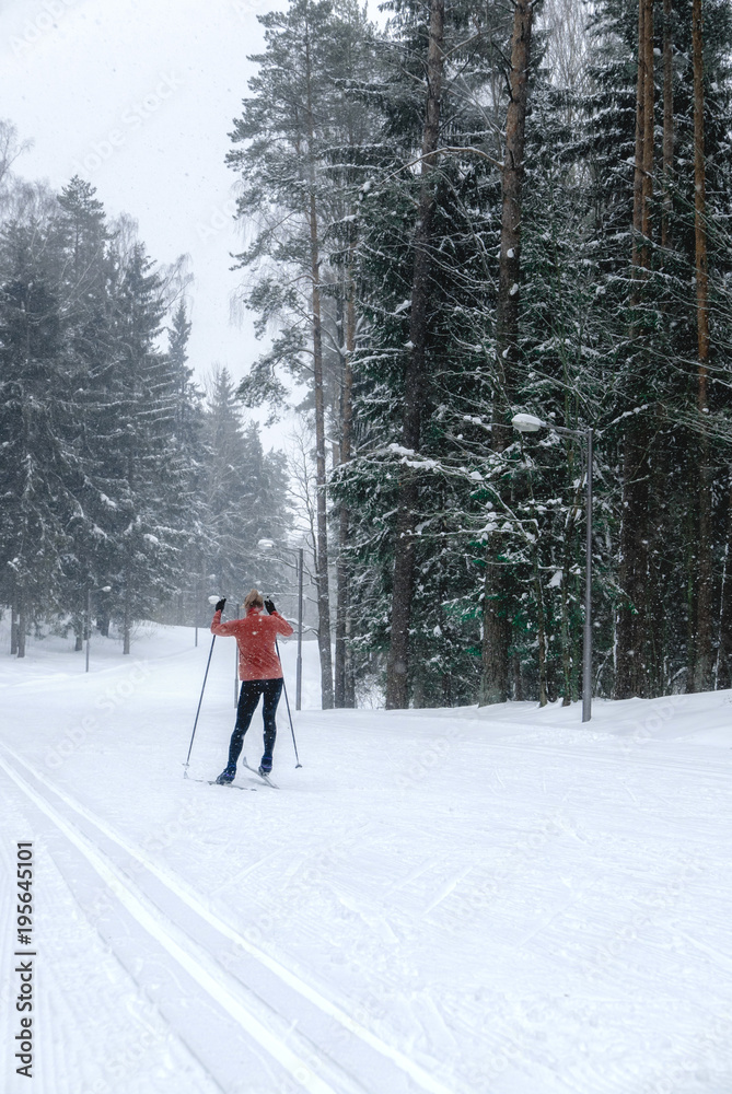 Young adult Caucasian female practising cross-country skiing on a scenic forest trail