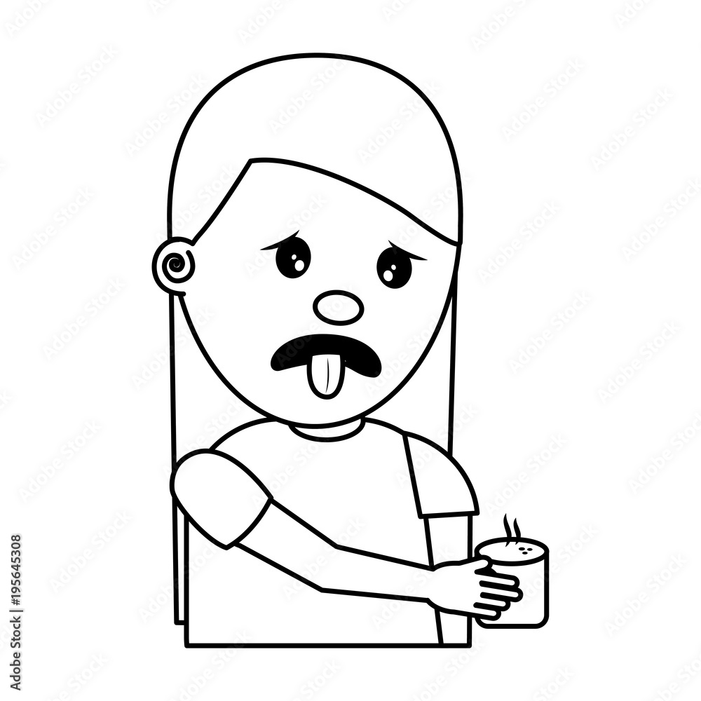 portrait young woman holding in hand beverage unpleasant vector illustration thin line image