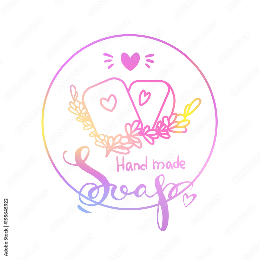 Gradient logo hand made soap for soap-boiler with lavender on the white background un the circle Gradient logo hand made soap for soap-boiler with lavender on the white background un the circle