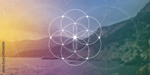 Sacred geometry flower of life website banner with golden ratio numbers, interlocking circles and particles in front of nature background. The formula of nature.