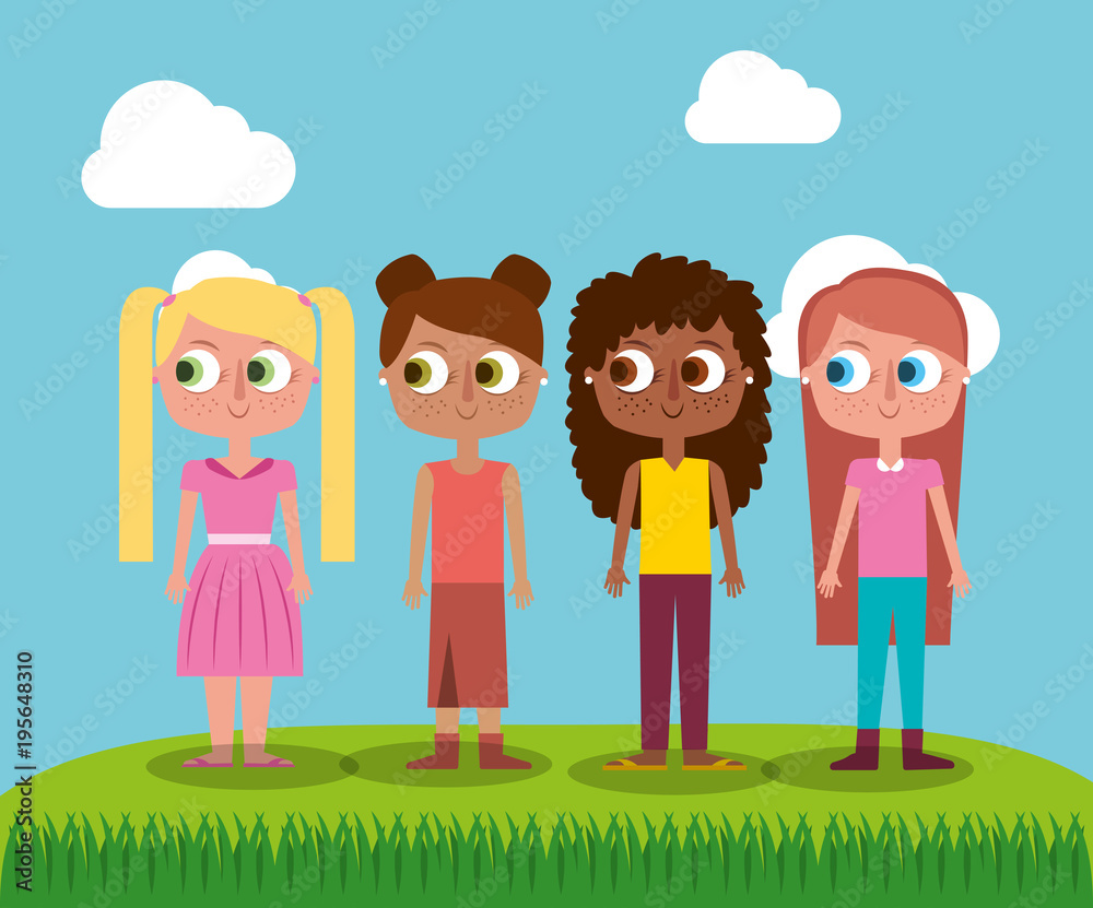group girl teenager character standing in field vector illustration group girl teenager character standing in field vector illustration